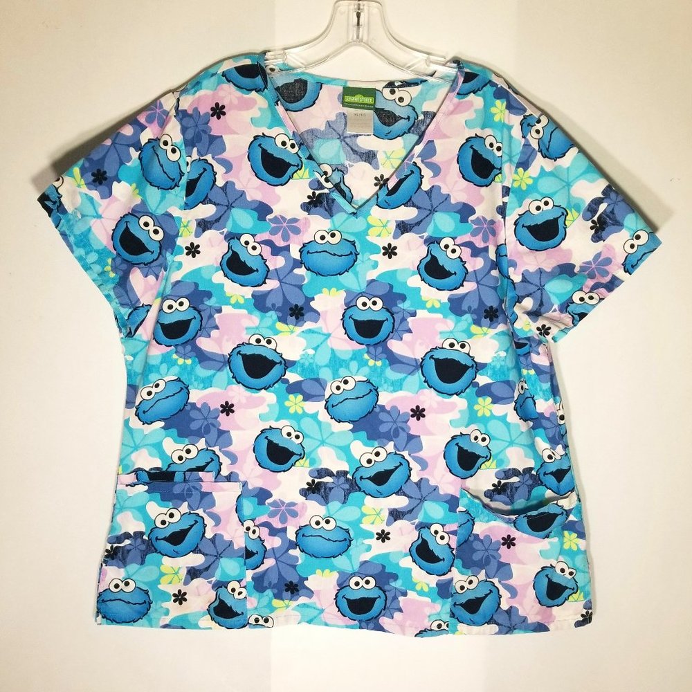 Sesame Street Cookie Monster Womens XL Scrub Top Shirt V-Neck Pockets Blue Purpl
